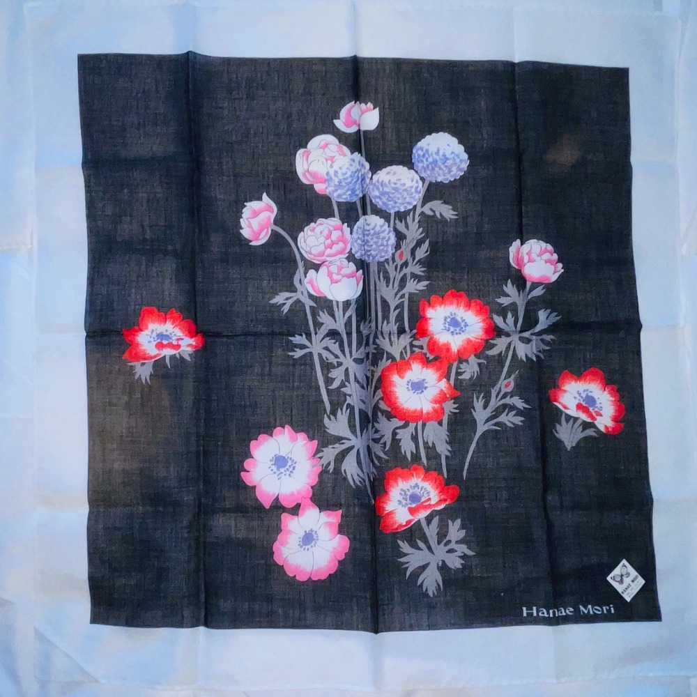 Hanae Mori Floral Handkerchief Cotton Charcoal Grey Red Pink Vintage Accessory